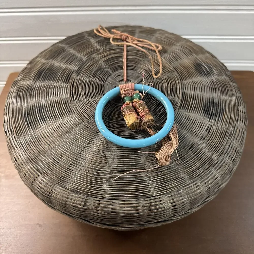 Vintage Wicker 10” Chinese Sewing Basket with Beads, Tassels and Ring